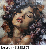 A stunning artistic portrait of a woman in a realistic style with elements of expressionism. Her face is depicted with closed eyes, lips slightly parted, and her expression conveys sensuality and immersion in a dreamy state. Her hair is intertwined with bunches of dark grapes and autumn leaves, creating a sense of harmony with nature and associations with ancient Greek motifs, possibly related to the cult of Dionysus. The background is done in an abstract manner, with chaotic brushstrokes, splashes of paint and textural elements, which gives the image depth and artistic expressiveness. Стоковое AI-изображение, AI-художник Анна Кривицкая / Фотобанк Лори