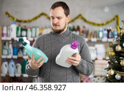 On New Year Eve, man choose and buy liquid washing powder and tile cleaner spray. Стоковое фото, фотограф Яков Филимонов / Фотобанк Лори