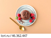 Plate with tasty lava cake fondant and raspberry on color background. Стоковое фото, фотограф Pixel_shot / Фотобанк Лори