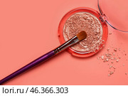 Makeup brush and broken highlighter on red background. Стоковое фото, фотограф Pixel_shot / Фотобанк Лори