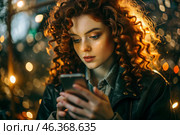 A businesswoman with curly red hair and freckles. She's wearing a coat. In the hands of a smartphone. A small business entrepreneur looks at her mobile phone. Стоковое AI-изображение, AI-художник Photojuli / Фотобанк Лори
