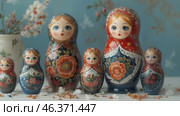 Colorful Nesting Dolls Showcase Traditional Craftsmanship in a Quaint Setting With Floral Accents. Стоковое AI-видео, аниматор Оксана Медведева / Фотобанк Лори