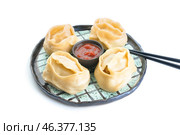 Plate with oriental dumplings and sauce on white background. Стоковое фото, фотограф Pixel_shot / Фотобанк Лори