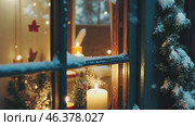 Cozy Winter Scene. Snow and a Candlelit Window, Embracing the Serenity of Season. Warm, inviting window view with Christmas lights. Snowflakes and flickering candles, perfect for winter imagery. Стоковое AI-видео, аниматор Марина Демидюк / Фотобанк Лори