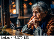 Minimalism. Portrait of an old elderly woman, a pensioner, a concept of the life of the elderly, health, loneliness and memory loss. Стоковое AI-изображение, AI-художник Photojuli / Фотобанк Лори