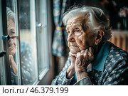 Minimalism. Portrait of an old elderly woman, a pensioner, a concept of the life of the elderly, health, loneliness and memory loss. Стоковое AI-изображение, AI-художник Photojuli / Фотобанк Лори