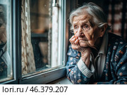 Minimalism. Portrait of an old elderly woman, a pensioner, a concept of the life of the elderly, health, loneliness and memory loss. Стоковое AI-изображение, AI-художник Photojuli / Фотобанк Лори