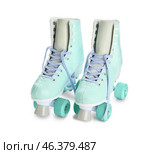 Pair of roller skates with untied laces on white background. Стоковое фото, фотограф Pixel_shot / Фотобанк Лори