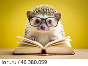 Education and reading. A funny little spiky hedgehog with glasses reads a book on a yellow background. Стоковое AI-изображение, AI-художник Photojuli / Фотобанк Лори