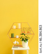 Shelves with candles, decor and ficus benjamina in pot on table near yellow wall. Стоковое фото, фотограф Pixel_shot / Фотобанк Лори