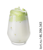 Glass of tasty dalgona matcha latte on white background. Стоковое фото, фотограф Pixel_shot / Фотобанк Лори