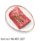 Plate with raw beef brisket on white background. Стоковое фото, фотограф Pixel_shot / Фотобанк Лори