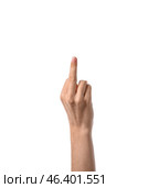 Woman showing middle finger on white background. Стоковое фото, фотограф Pixel_shot / Фотобанк Лори