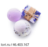 Lavender bath bombs and soap on white background. Стоковое фото, фотограф Pixel_shot / Фотобанк Лори
