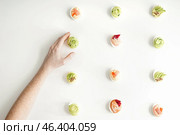 Female hand and tasty deviled eggs on white background. Стоковое фото, фотограф Pixel_shot / Фотобанк Лори