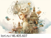 A girl with gorgeous blonde hair that flows smoothly into an architectural landscape. Her hair seems to grow into a building surrounded by flying birds and fish. The painting has a magical atmosphere where elements of fantasy, natural elements and architecture are combined. Fine lines, bright details and the use of soft colors create a mysterious and dreamy atmosphere. Стоковое AI-изображение, AI-художник Анна Кривицкая / Фотобанк Лори