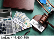 Composition with words ALIMONY and DIVORCE, money and calculator on color background. Стоковое фото, фотограф Pixel_shot / Фотобанк Лори