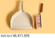 Plastic dustpan with cleaning brush on color background. Стоковое фото, фотограф Pixel_shot / Фотобанк Лори