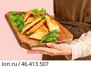 Woman holding wooden board with tasty meat empanadas and herbs on color background, closeup. Стоковое фото, фотограф Pixel_shot / Фотобанк Лори