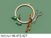 Wooden embroidery hoop with mouline threads, scissors and leaves on dark green background. Стоковое фото, фотограф Pixel_shot / Фотобанк Лори