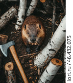 Бобр и бревна. Стоковое AI-изображение, AI-художник Дмитрий Давыдов / Фотобанк Лори