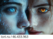 Two faces placed close to each other, creating a juxtaposition effect. One girl is covered in frost and ice, her skin has a cool bluish tint, and her eye glows a rich icy blue. The second girl, on the contrary, has a warm skin tone, freckles and a piercing amber-fiery eye, reminiscent of a flame. The contrast between cold and heat is emphasized by the lighting and texture of their skin. The visual effect creates a sense of duality and opposition of the elements - ice and fire, cold and heat, darkness and light. Стоковое AI-изображение, AI-художник Анна Кривицкая / Фотобанк Лори