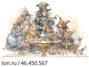 A whimsical and detailed illustration inspired by a fairytale tea party. The central figures are eccentric characters dressed in period and fantastical costumes. Among them you can see a man in a tall green hat reminiscent of the Mad Hatter from Alice in Wonderland, as well as characters in clothes decorated with fur and fox masks.The scene is rich in detail: a tea table strewn with pieces of food, a teapot and cups, as well as numerous decorative elements that create the atmosphere of a whimsical fairytale celebration. The illustration is done in a watercolor style with thin lines and light shading, which gives it a vintage and magical look. Стоковое AI-изображение, AI-художник Анна Кривицкая / Фотобанк Лори