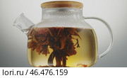 An Elegant Glass Teapot Perfectly Accompanied by Infused Herbal Tea. Стоковое видео, видеограф Владимир Ковальчук / Фотобанк Лори
