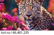 Large jaguar, cheetah, leopard cat in vibrant meadow flowers. Perfect for wildlife documentaries, conservation campaigns or any project seeking to evoke the mystery and power of this animal. Стоковое AI-видео, аниматор ALLA YURTAYEVA / Фотобанк Лори