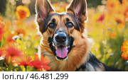 A beautiful, luxurious shepherd dog in vibrant meadow colours. Perfect for wildlife documentaries, conservation campaigns or any project that seeks to evoke the mystery and power of this animal. Стоковое AI-видео, аниматор ALLA YURTAYEVA / Фотобанк Лори