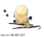 Стеклянная банка вкусного пудинга, ванильных палочек и черники на белом фоне. Стоковое фото, фотограф Pixel_shot / Фотобанк Лори