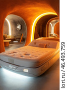 Futuristic bed floating in showroom with orange ambient lighting. Стоковое AI-изображение, AI-художник Юрий Поздников / Фотобанк Лори