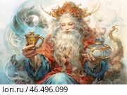 A mystical, fairy-tale portrait of a powerful old man, reminiscent of an ancient magician, deity or magical ruler. He has long wavy gray hair and a lush beard, and on his head is a majestic crown with ornate patterns. He is dressed in luxurious red and blue robes, decorated with gold details. In one hand he holds a golden bowl, and in the other - an exquisite porcelain censer, from which magical smoke rises. The background is a fantasy world with abstract curls and images in which mystical creatures, dragons and magical flows of energy are guessed. The atmosphere of the painting is reminiscent of mythological stories about ancient gods, alchemists or sages who possess secret knowledge. Стоковое AI-изображение, AI-художник Анна Кривицкая / Фотобанк Лори