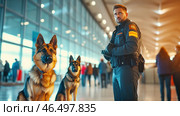Security officer with german shepherd dogs patrolling airport terminal. Стоковое AI-изображение, AI-художник Юрий Поздников / Фотобанк Лори