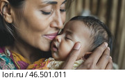 Loving mother gently kissing her sleeping newborn baby. Стоковое AI-видео, аниматор Юрий Поздников / Фотобанк Лори