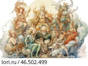 A fantastic composition with mythological characters, executed in the style of delicate watercolors. In the center is a powerful figure of an elderly man with a trident, reminiscent of the god of the seas, surrounded by beautiful creatures that can be water spirits, nymphs or goddesses. The images are rich in details - decorated armor, ephemeral clothes, ornaments, curls of clouds and sea waves. The colors are soft, pastel, creating a sense of a mystical fairy tale. Стоковое AI-изображение, AI-художник Анна Кривицкая / Фотобанк Лори