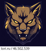 A stylized logo or emblem of a lynx in an aggressive design. The graphic design is made in a modern vector technique with clear contours, contrasting shadows and a pronounced color palette consisting of golden-brown and black shades. The lynx's eyes glow yellow, creating the impression of a predatory and wary look. The details of the fur are emphasized by sharp lines, and the fangs add additional aggressiveness to the image. This style is often used in sports logos, eSports teams, corporate branding and illustrations. Стоковое AI-изображение, AI-художник Анна Кривицкая / Фотобанк Лори