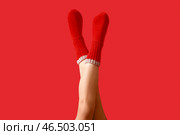 Ноги молодой женщины в теплых вязанных носках на красном фоне. Стоковое фото, фотограф Pixel_shot / Фотобанк Лори