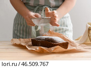Женщина посыпает сахарной пудрой вкусный домашний пирог на столе. Стоковое фото, фотограф Pixel_shot / Фотобанк Лори