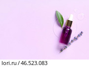 Флакон с лавандовым эфирным маслом, разлитое масло, зеленый лист и цветы на сиреневом фоне. Стоковое фото, фотограф Pixel_shot / Фотобанк Лори