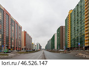 Городской пейзаж. Вид на улицу и городские кварталы. Современные разноцветные многоэтажные здания в спальном районе города. Густонаселённый жилой массив. Улица Шувалова, город Мурино, Ленинградская область, Россия. Стоковое фото, фотограф Андрей Степанов / Фотобанк Лори