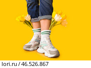 Ноги красивой молодой женщины в кедах с тюльпанами на желтом фоне. Стоковое фото, фотограф Pixel_shot / Фотобанк Лори