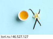 Чаша с мёдом, ванильные палочки и цветок на цветном фоне. Стоковое фото, фотограф Pixel_shot / Фотобанк Лори