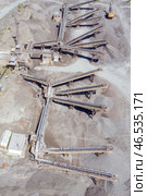 Crushing and screening plant for processing and sorting crushed stone, sand and gravel. View from above. Стоковое фото, фотограф Евгений Ткачёв / Фотобанк Лори