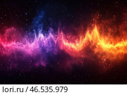 A breathtaking space scene reminiscent of a bright nebula or an energy wave in the vastness of the universe. The central part is filled with glowing gases and particles that form a wavy structure reminiscent of the spectral analysis of sound or the vibration of energy. The color palette varies from rich purples and violets to fiery oranges and reds, creating a contrast between cold and hot energy.The background is a deep black space with many twinkling stars, giving the image depth and a sense of infinity. Visually, the picture resembles both sound waves and galactic phenomena, creating an atmosphere of something majestic and unknown. Стоковое AI-изображение, AI-художник Анна Кривицкая / Фотобанк Лори