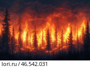 A powerful forest fire engulfing a dense coniferous forest. The fire blazes with bright tongues of flame, engulfing the trees and painting the sky in alarming shades of orange and red. Tall firs are already partially engulfed in flames, and in the foreground, charred dark silhouettes of trees are visible. Thick clouds of smoke rise upward, hiding part of the sky. The atmosphere of the painting conveys a sense of destruction, danger and the power of the elements. Стоковое AI-изображение, AI-художник Анна Кривицкая / Фотобанк Лори
