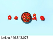 Чаша вкусной сальсы Пико де Галло на цветном фоне. Стоковое фото, фотограф Pixel_shot / Фотобанк Лори