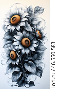 An artistic composition with sunflowers, made in the style of hyperrealism with elements of surrealism. The petals of flowers and leaves are depicted in shades of gray, giving the image a monochrome effect, while the cores of the sunflowers have a natural golden color, creating a bright contrast. The composition is filled with smooth lines and curls, enhancing the dynamics and elegance. The background is light, which emphasizes the details of the flowers and leaves, creating an effect of airiness and sophistication. Стоковое AI-изображение, AI-художник Анна Кривицкая / Фотобанк Лори