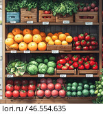 A colorful display case with fruits and vegetables, decorated in an artistic style reminiscent of a watercolor painting or digital illustration. The shelves are neatly filled with fresh produce: bright oranges, large strawberries, green apples, cabbage and juicy tomatoes. Wooden boxes contain aromatic herbs and other fresh produce, creating the atmosphere of a cozy farmers market or country store.The color palette of the image is rich and natural, emphasizing the naturalness of the products. The composition conveys a feeling of abundance, freshness and healthy eating. Стоковое AI-изображение, AI-художник Анна Кривицкая / Фотобанк Лори