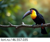 Toucan sitting on the branch in the forest. Nature travel in central America. Keel-billed Toucan, Ramphastos. Wildlife. Стоковое AI-изображение, AI-художник Евгений Ткачёв / Фотобанк Лори